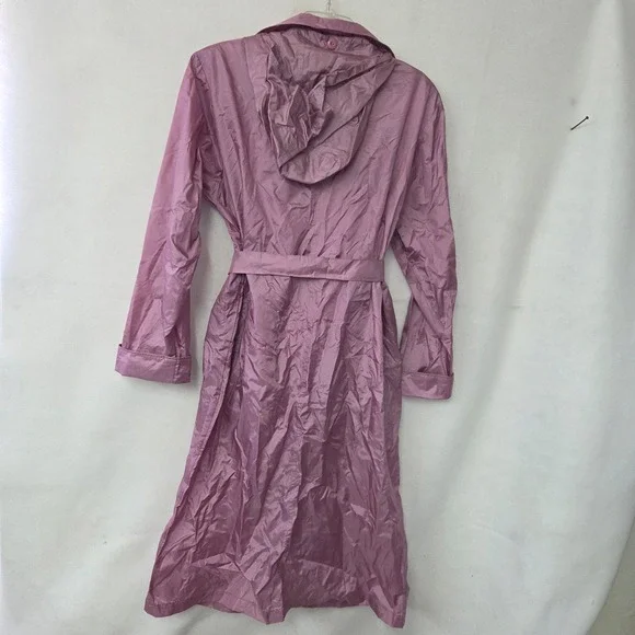 Totes Raincoat Women 12 Mauve Pink Vintage Belted Hooded Trench Coat Longline - Picture 3 of 10